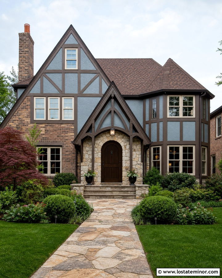 Dusty Blue Tudor With Timber Portico - 30 Dusty Blue House Design With Portico Ideas