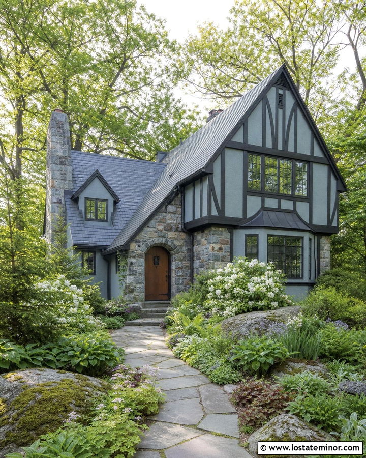Dusty Blue Tudor With Woodland Landscaping - 30 Dusty Blue House Design With Landscaping Ideas