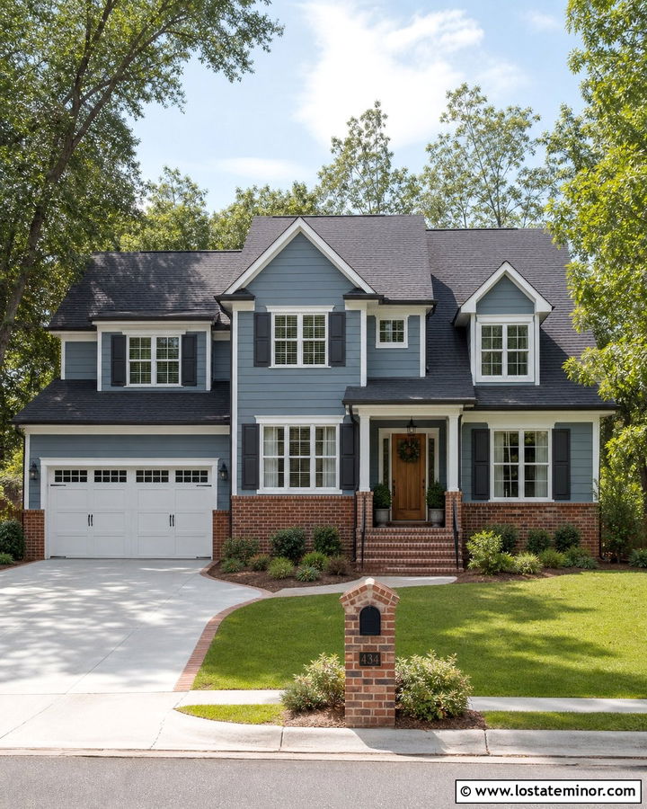 Dusty Blue Two Story House With Brick Skirt - 30 Dusty Blue House Design With Brick Accents Ideas