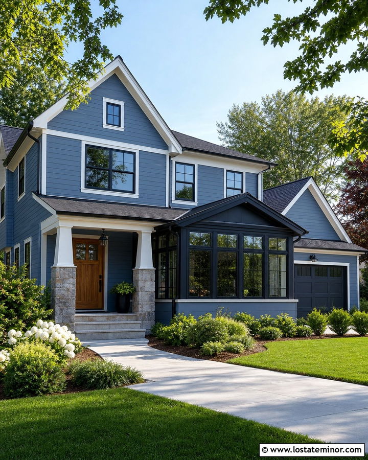 Dusty Blue Two Story House With Charcoal Sunroom Roof - 30 Dusty Blue House Design With Sunroom Ideas