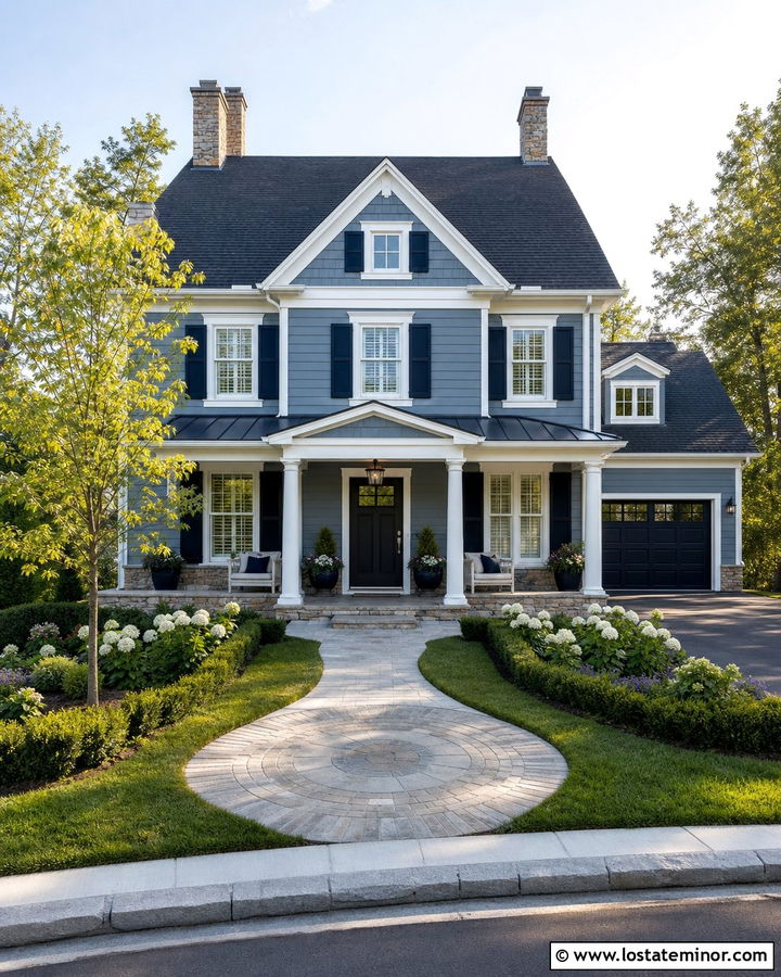 Dusty Blue Two Story House With Circular Paver Walkway - 30 Dusty Blue House Design With Walkway Ideas