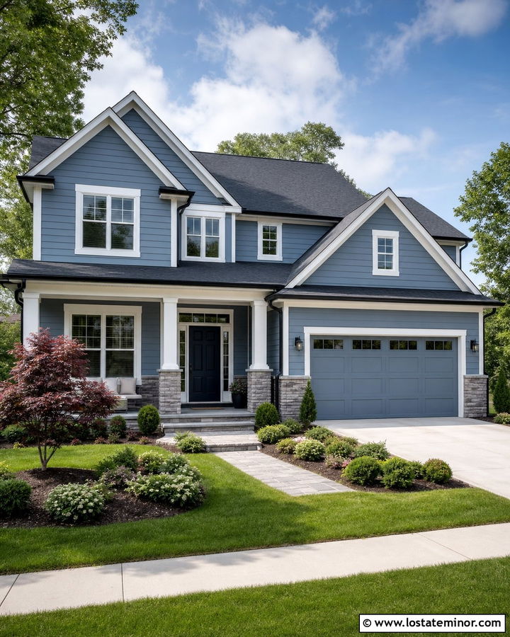 Dusty Blue Two Story House With Stacked Stone Wainscoting - 30 Dusty Blue House Design With Wainscoting Ideas