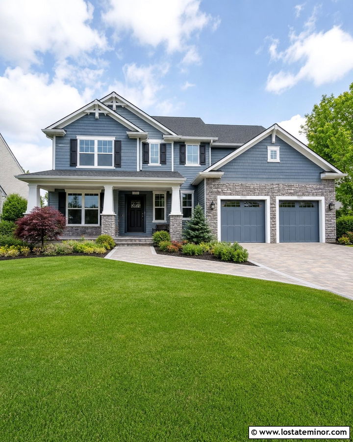 Dusty Blue Two Story House With Stone Garage - 30 Dusty Blue House Design With Stone Accents Ideas