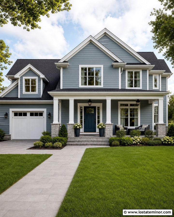 Dusty Blue Two Story House With Teal Door - 30 Dusty Blue House Design With Entry Door Ideas