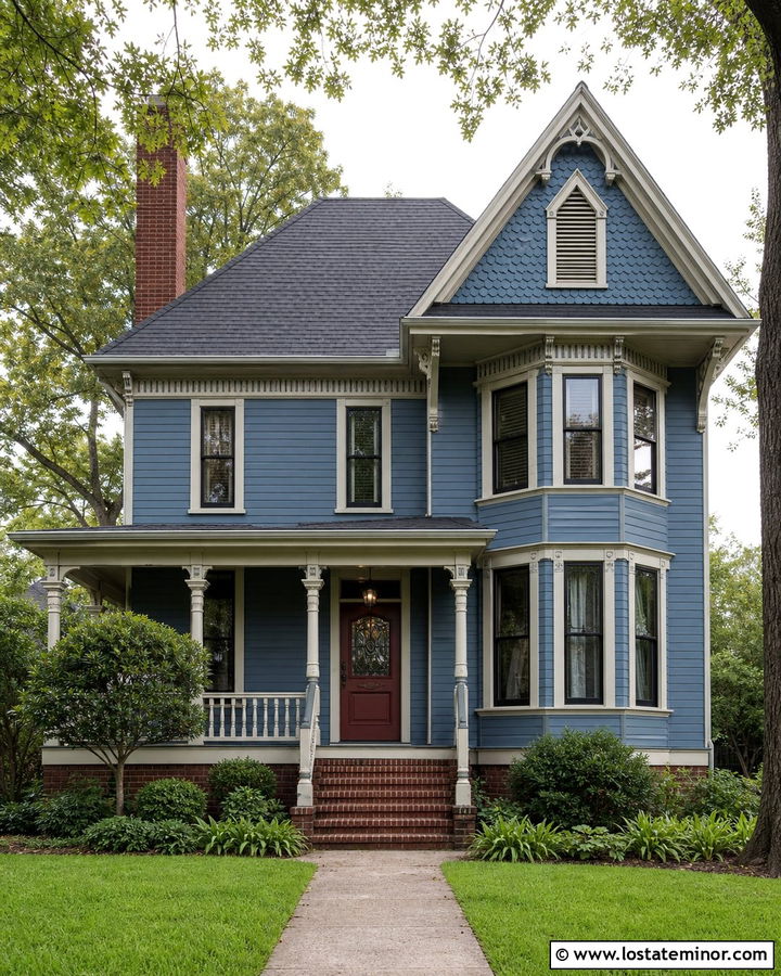 Dusty Blue Victorian House With Brick Foundation - 30 Dusty Blue House Design With Brick Accents Ideas