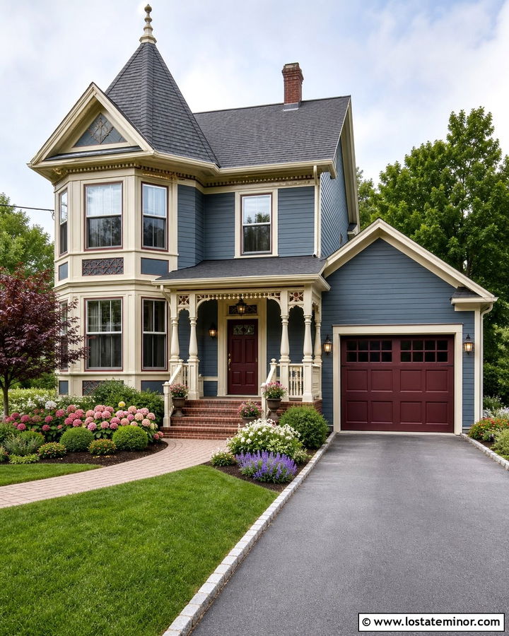 Dusty Blue Victorian House With Burgundy Garage Door - 30 Dusty Blue House Design With Garage Door Ideas