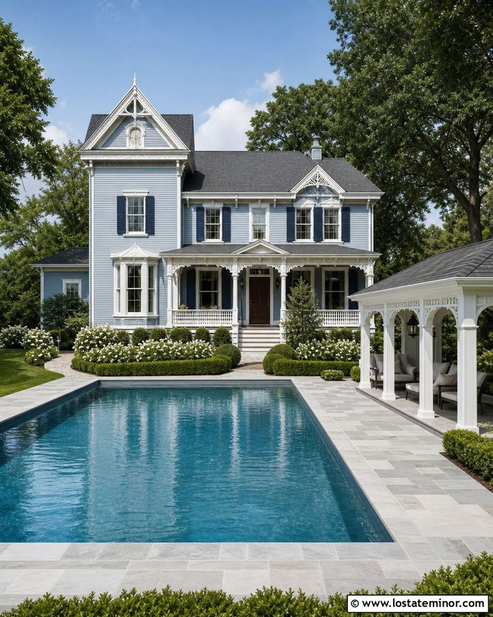 Dusty Blue Victorian House With Classic Pool - 30 Dusty Blue House Design With Swimming Pool Ideas