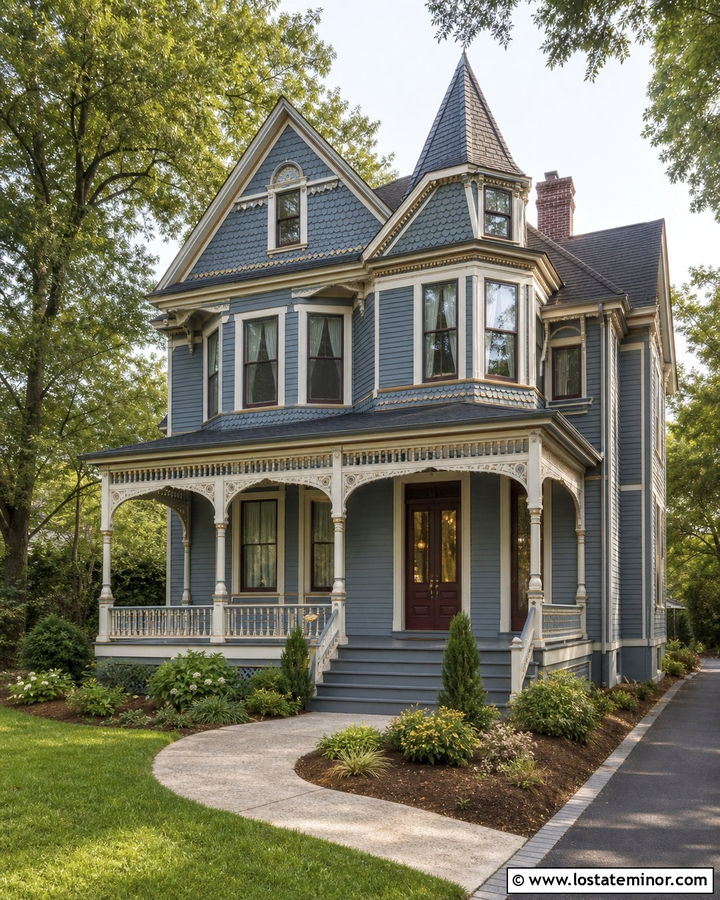 Dusty Blue Victorian House With Covered Porch - 30 Dusty Blue House Design With Front Porch Ideas