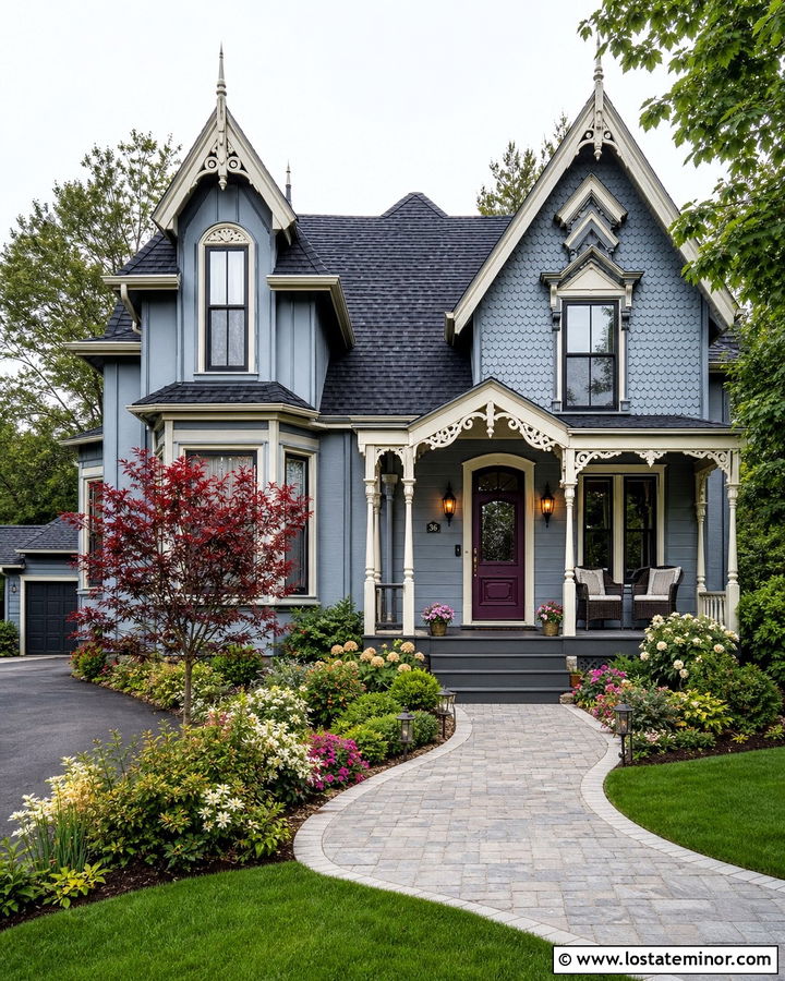 Dusty Blue Victorian House With Ornate Dormers - 30 Dusty Blue House Design With Dormers Ideas