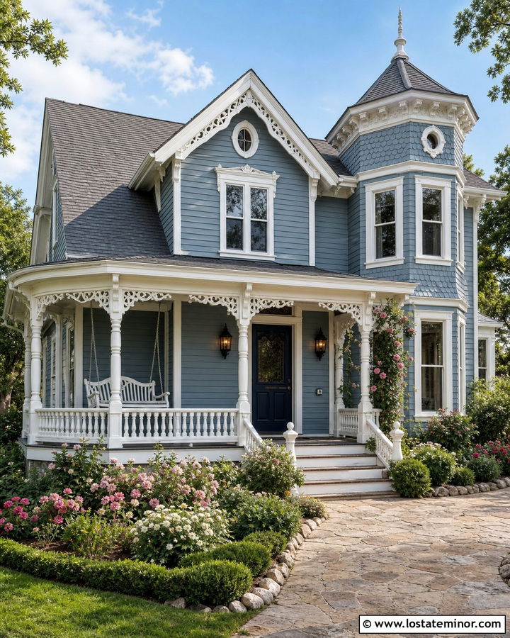 Dusty Blue Victorian House With Ornate Swing - 30 Dusty Blue House Design With Swing Ideas