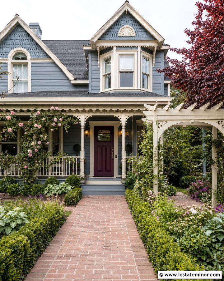 Dusty Blue Victorian House With Pergola - 30 Dusty Blue House Design With Pergola Ideas