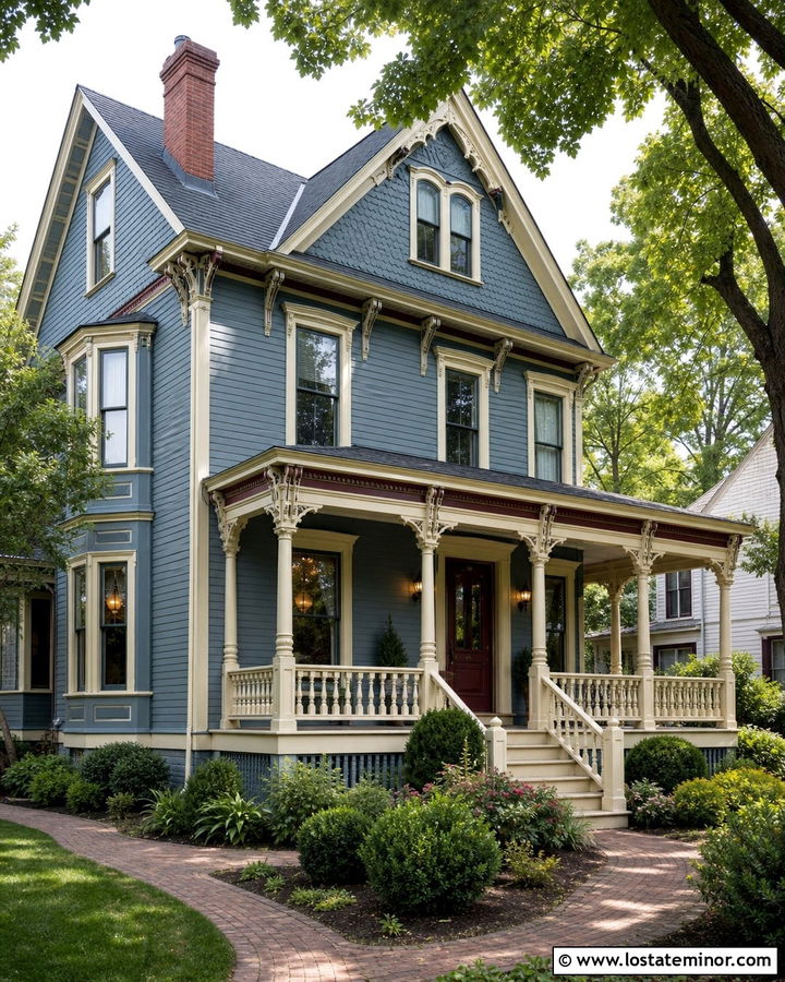 Dusty Blue Victorian House With Three Color Trim - 30 Dusty Blue House Design With Trim Ideas
