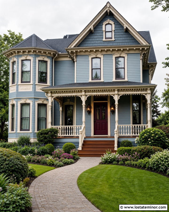 Dusty Blue Victorian With Antique Brass Lights - 30 Dusty Blue House Design With Light Fixtures Ideas