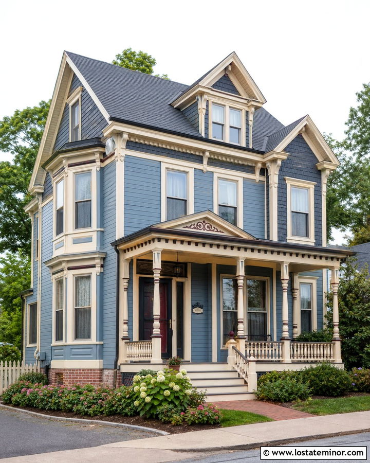 Dusty Blue Victorian With Black Storm Door - 30 Dusty Blue House Design With Storm Door Ideas