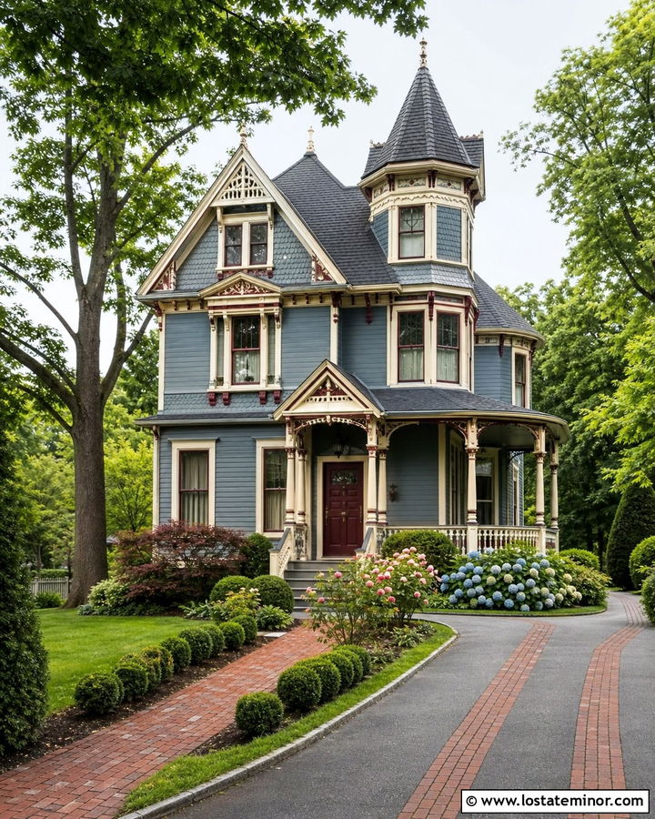 Dusty Blue Victorian With Brick Ribbon Driveway - 30 Dusty Blue House Design With Driveway Ideas