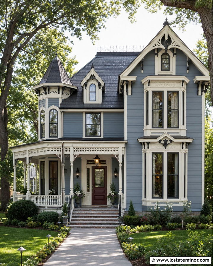 Dusty Blue Victorian With Coach Lamps - 30 Dusty Blue House Design With Lighting Ideas