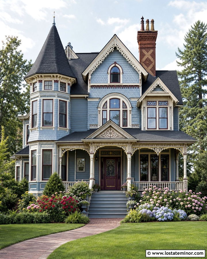 Dusty Blue Victorian With Decorative Chimney - 30 Dusty Blue House Design With Chimney Ideas