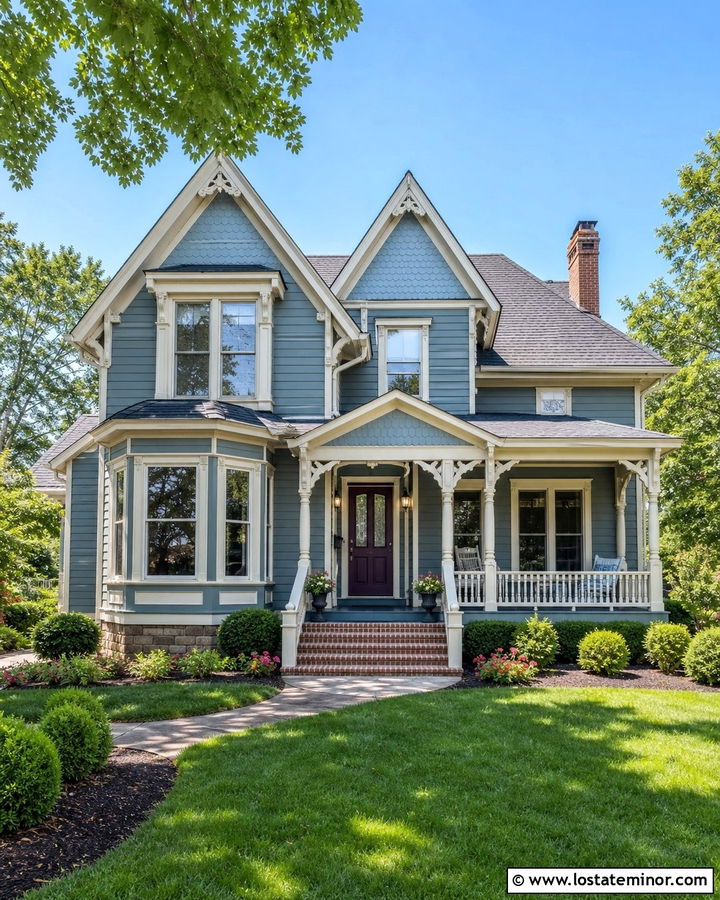 Dusty Blue Victorian With Decorative Gables - 30 Dusty Blue House Design With Gables Ideas