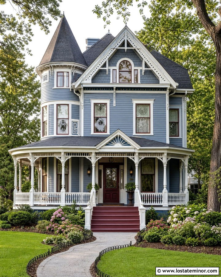 Dusty Blue Victorian With Decorative Porch Columns - 30 Dusty Blue House Design With Porch Columns Ideas