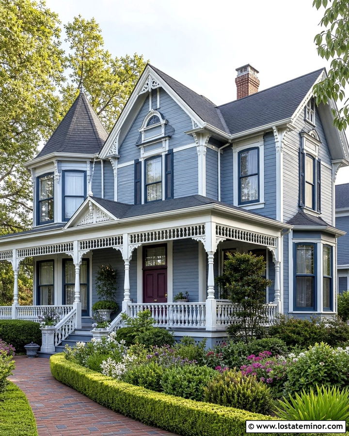 Dusty Blue Victorian With Decorative Railings - 30 Dusty Blue House Design With Railings Ideas
