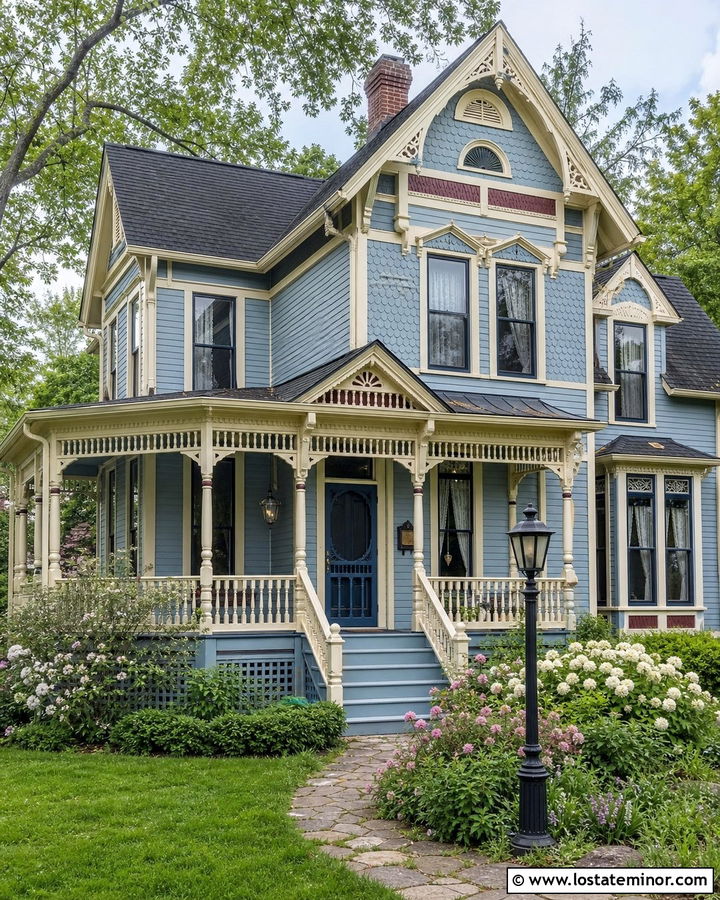 Dusty Blue Victorian With Decorative Screen Door - 30 Dusty Blue House Design With Screen Door Ideas