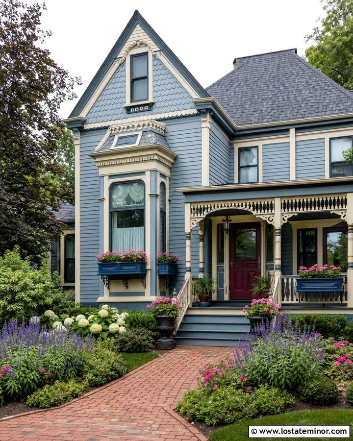 Dusty Blue Victorian With Decorative Window Boxes - 30 Dusty Blue House Design With Window Boxes Ideas