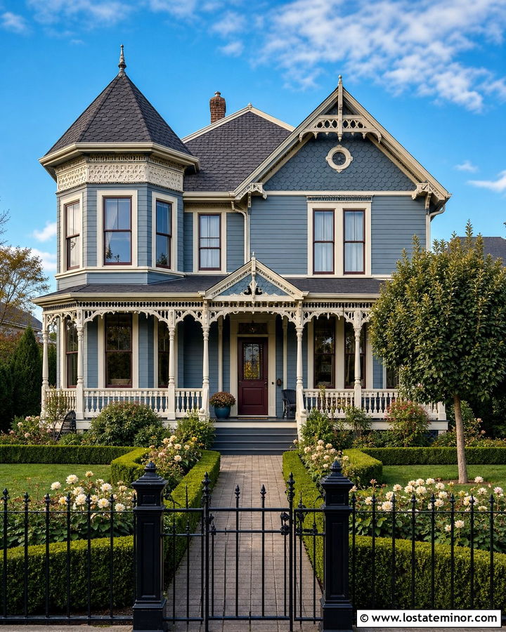 Dusty Blue Victorian With Formal Garden Front Yard - 30 Dusty Blue House Design With Front Yard Ideas
