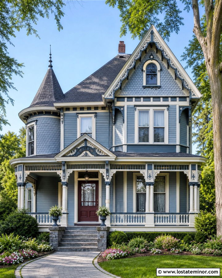 Dusty Blue Victorian With Monochromatic Trim - 30 Dusty Blue House Design With Accents Ideas