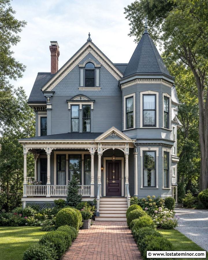 Dusty Blue Victorian With Plum Front Door - 30 Dusty Blue House Design With Entry Door Ideas
