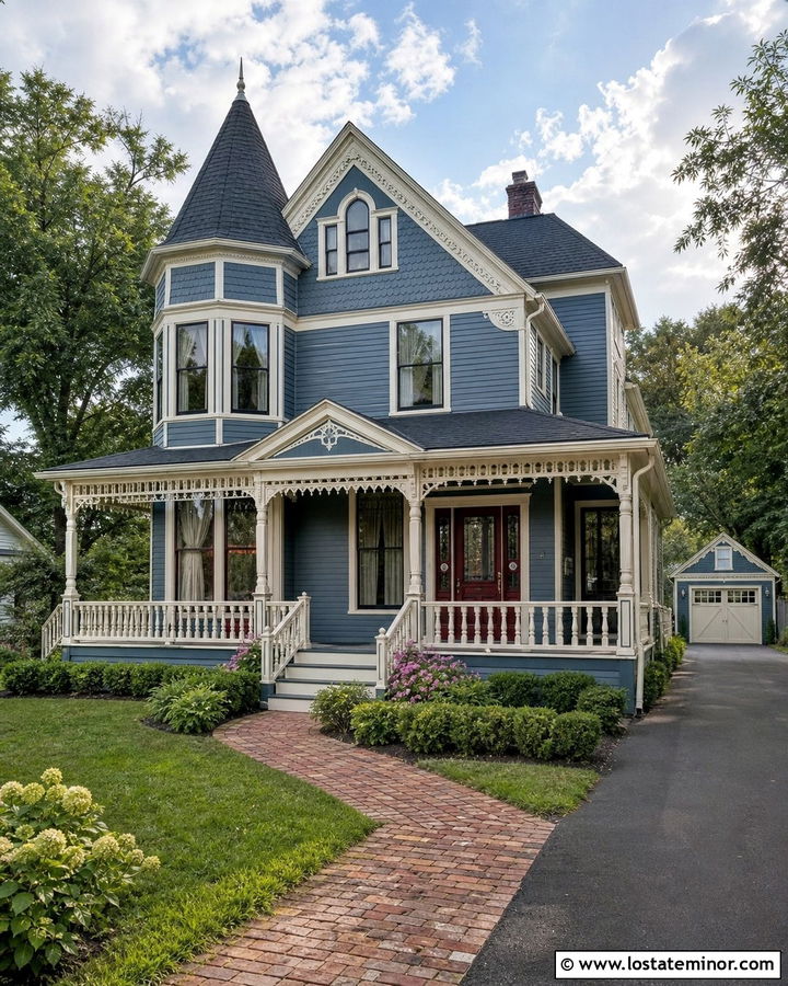 Dusty Blue Victorian With Reclaimed Brick Walkway - 30 Dusty Blue House Design With Walkway Ideas