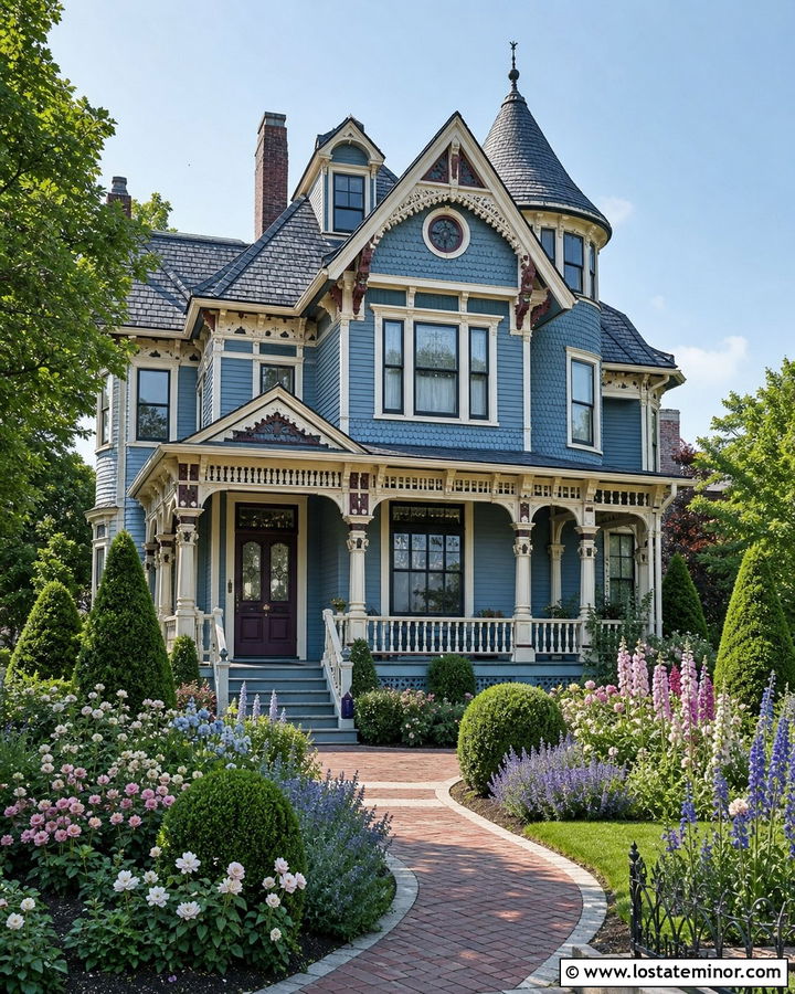 Dusty Blue Victorian With Rose Beds - 30 Dusty Blue House Design With Landscaping Ideas