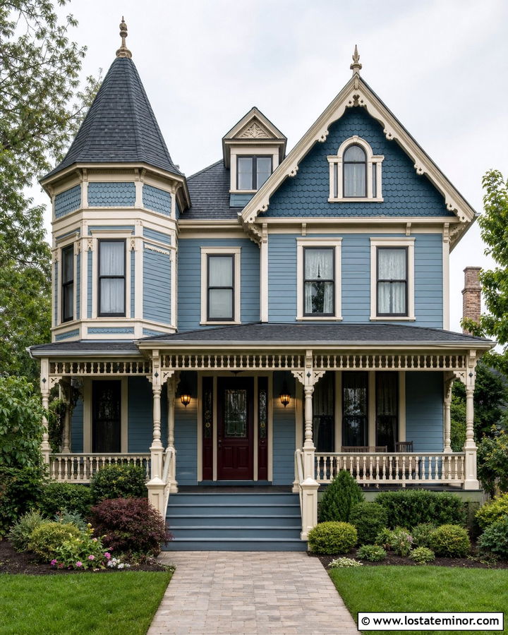 Dusty Blue Victorian With Scalloped Shingles - 30 Dusty Blue House Design With Shingles Ideas