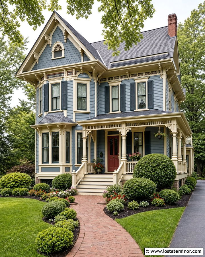 Dusty Blue Victorian With Smoky Blue Shutters - 30 Dusty Blue House Design With Shutters Ideas