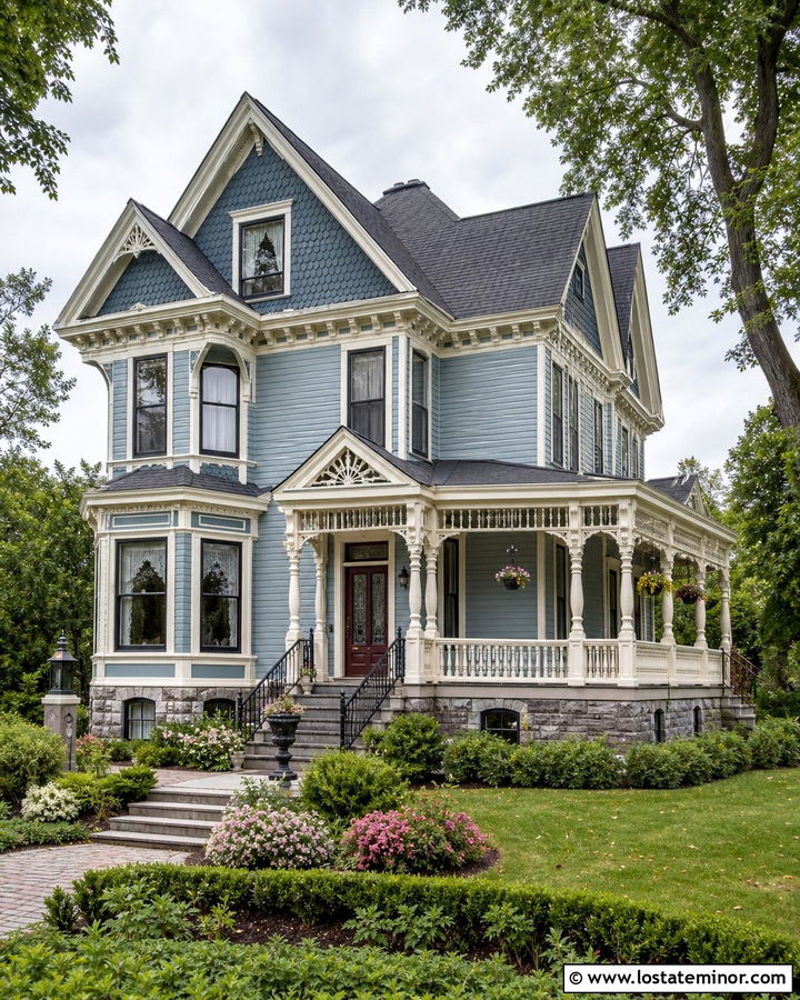 Dusty Blue Victorian With Stone Foundation - 30 Dusty Blue House Design With Stone Accents Ideas