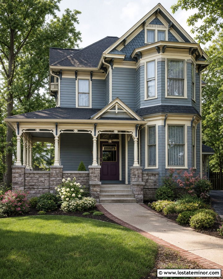 Dusty Blue Victorian With Stone Wainscoting - 30 Dusty Blue House Design With Wainscoting Ideas