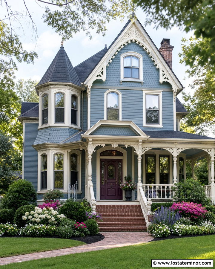 Dusty Blue Victorian With Warm White Window Frames - 30 Dusty Blue House Design With Window Frames Ideas