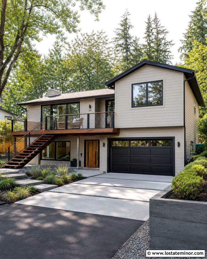 Edgecomb Gray Split Level House With Cable Rail Deck - 30 Beige House Design With Deck Ideas
