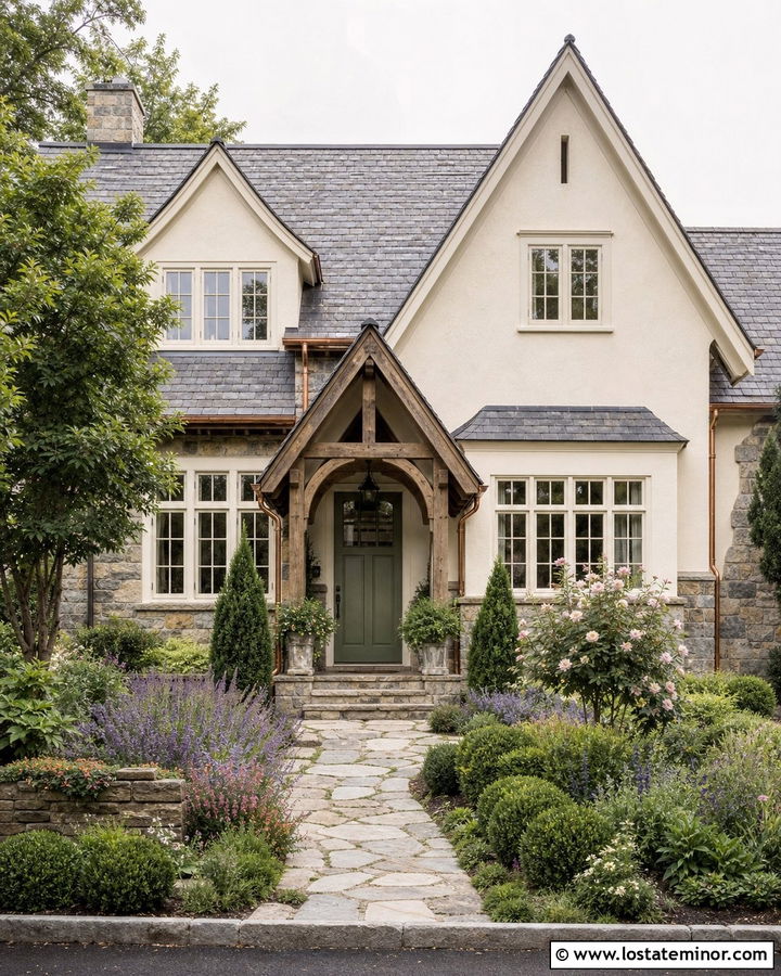 English Cottage Stone House With Wood Porch Posts - 30 Stone House Design With Porch Columns Ideas