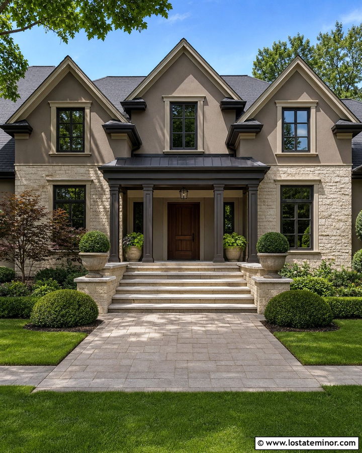 Fairview Taupe Transitional House With Bronze Porch Columns - 30 Taupe House Design With Porch Columns Ideas