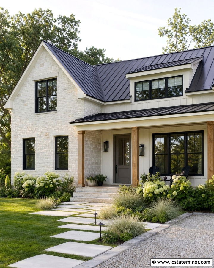 Farmhouse Stone House With Warm Gray Front Door - 30 Stone House Design With Front Door Ideas