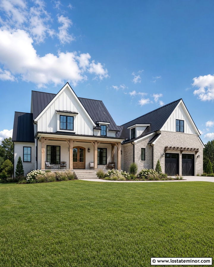Farmhouse Stone House With White Brick Accents - 30 Stone House Design With Brick Accents Ideas