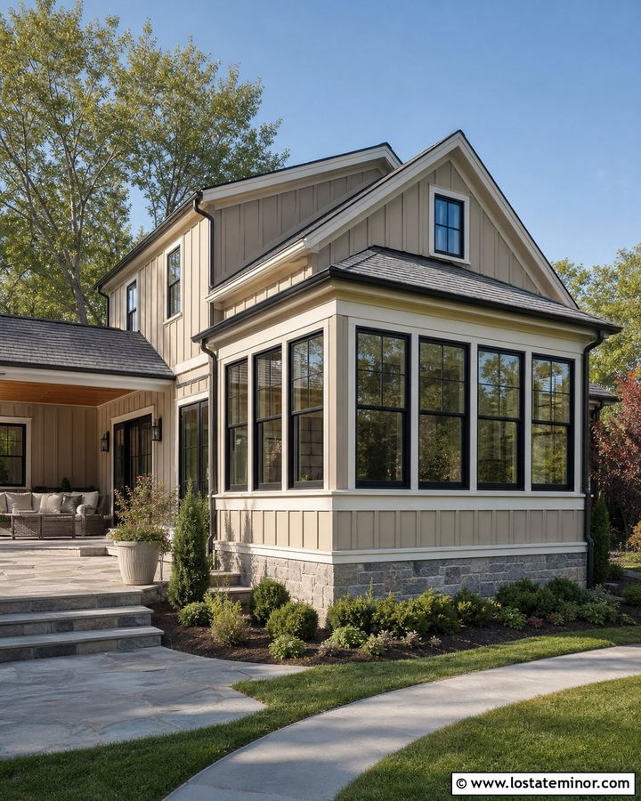 Fawn Tan Board And Batten House With Corner Sunroom - 30 Tan House Design With Sunroom Ideas