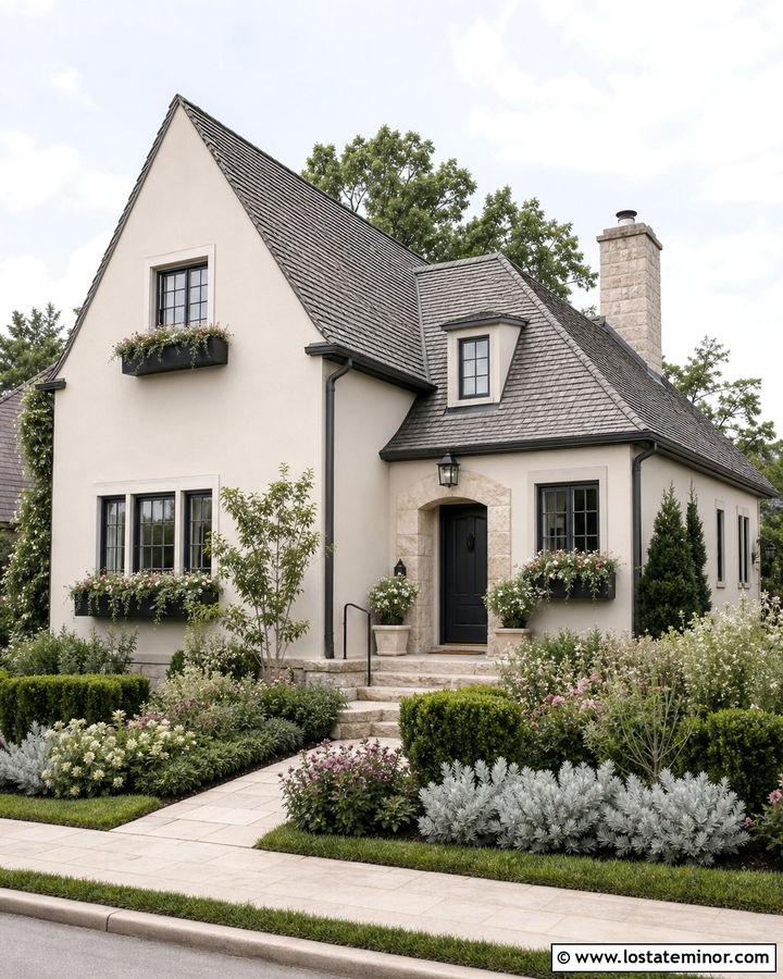 Feather Down Cottage With Charcoal Window Boxes - 30 Warm White House Design With Window Boxes Ideas