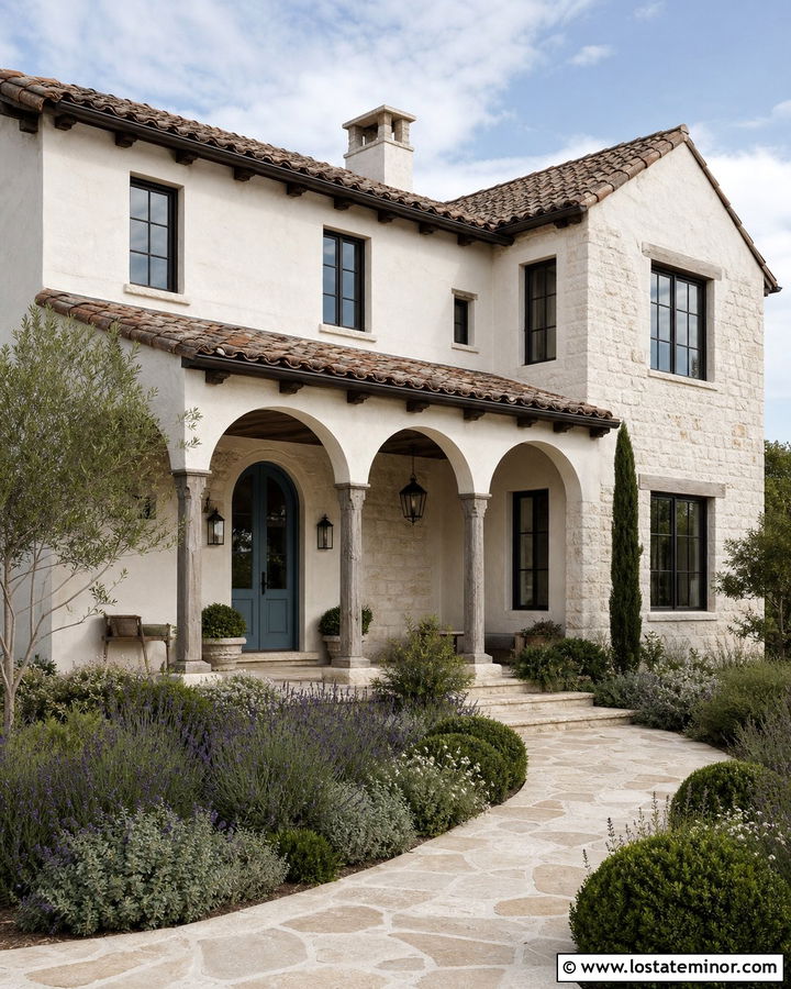 Feather Down French Country Porch - 30 Warm White House Design With Front Porch Ideas