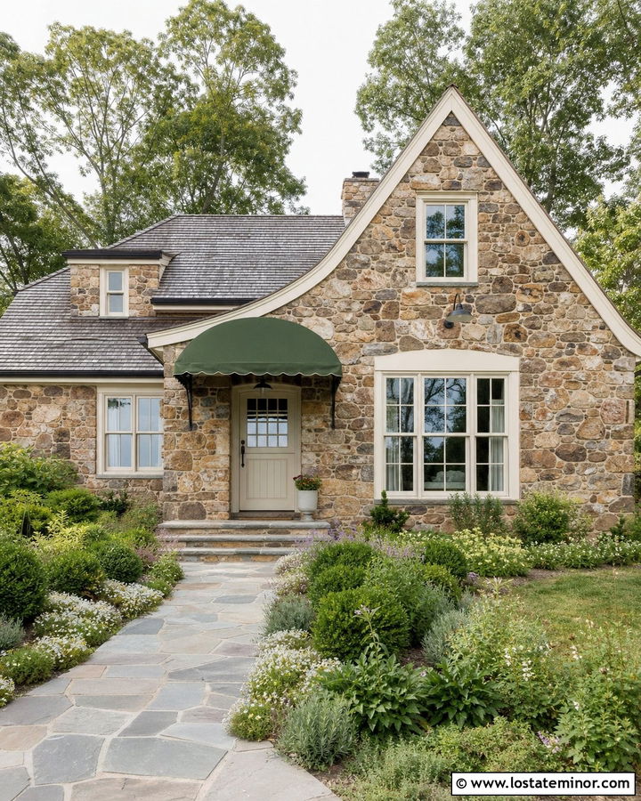 Fieldstone Cottage With Canvas Awning - 30 Stone House Design With Awning Ideas