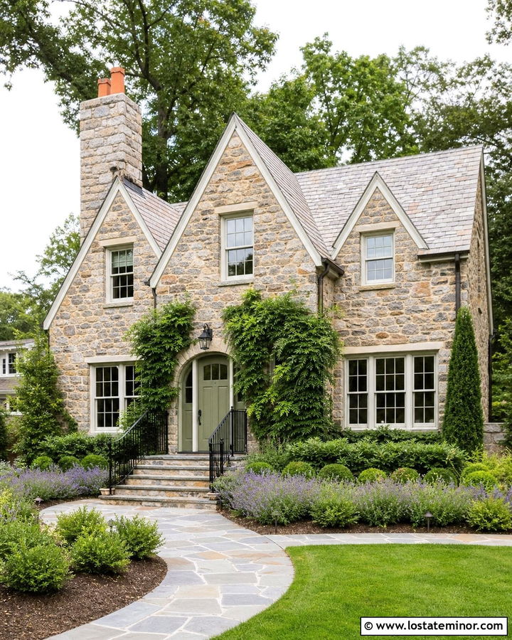Fieldstone Cottage With Curved Entry Steps - 30 Stone House Design With Steps Ideas
