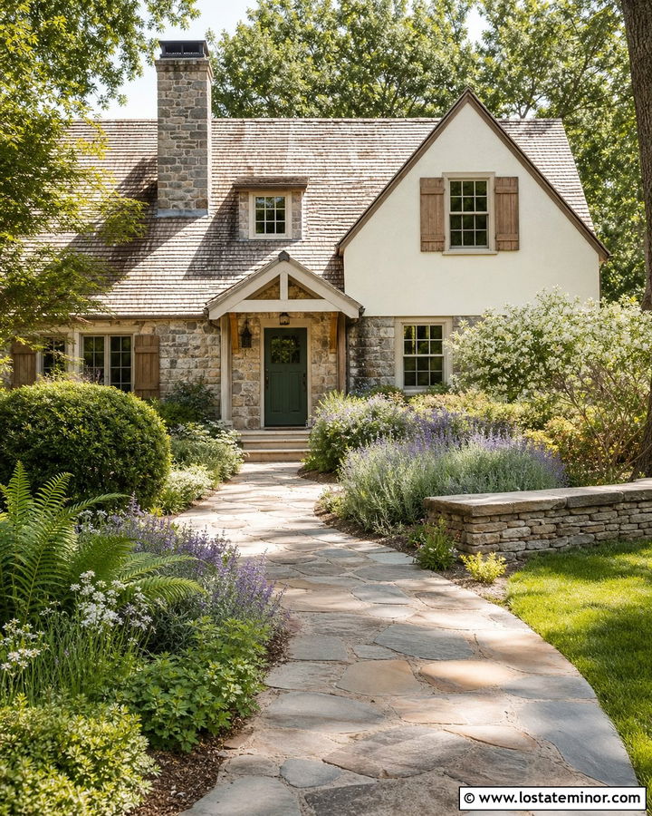Fieldstone Cottage With Curved Flagstone Walkway - 30 Stone House Design With Walkway Ideas