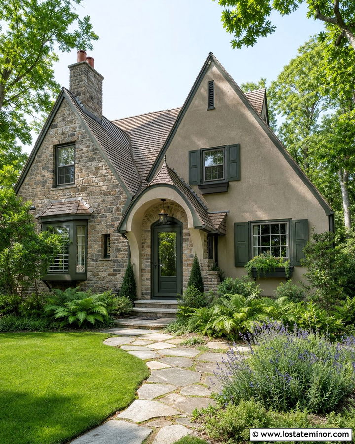Fieldstone Cottage With Green Storm Door - 30 Stone House Design With Storm Door Ideas