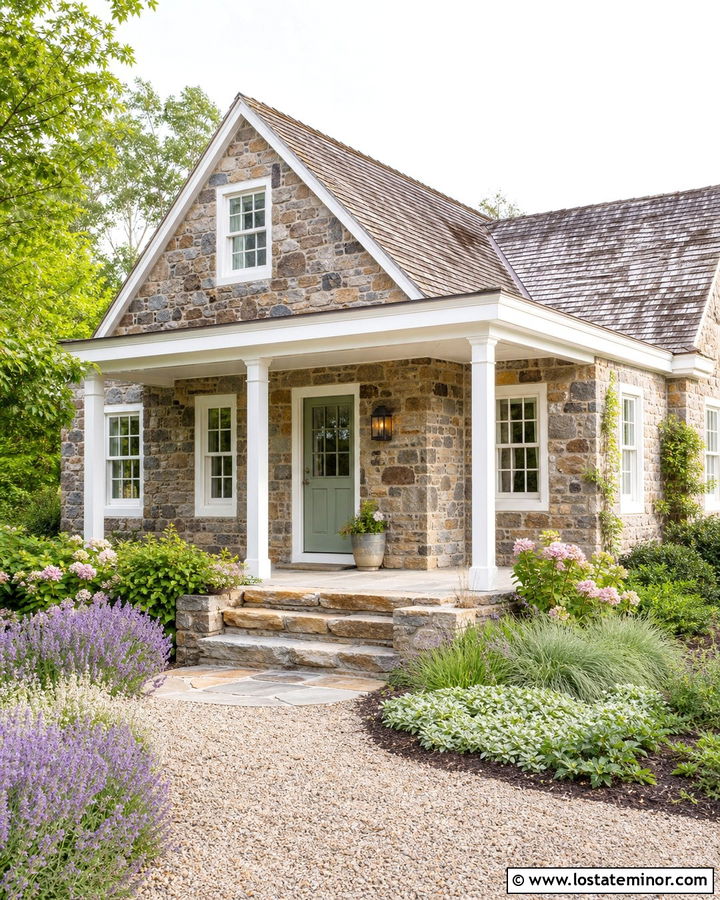 Fieldstone Cottage With White Beadboard Porch Ceiling - 30 Stone House Design With Porch Ceiling Ideas