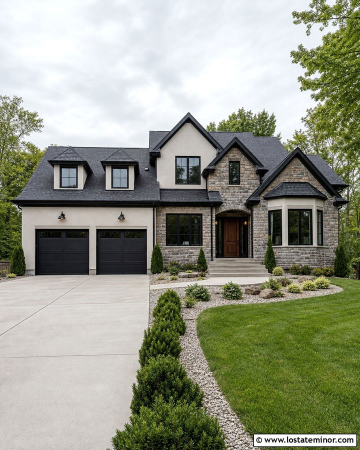Fieldstone House With Black Garage Door - 30 Stone House Design With Garage Door Ideas
